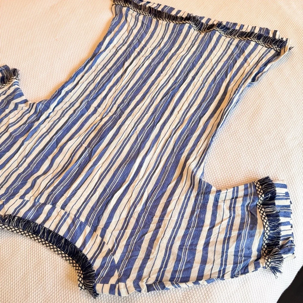 VELZERA Boho Blue & White Striped Mini Dress w Fringe Trim or Swim Coverup
